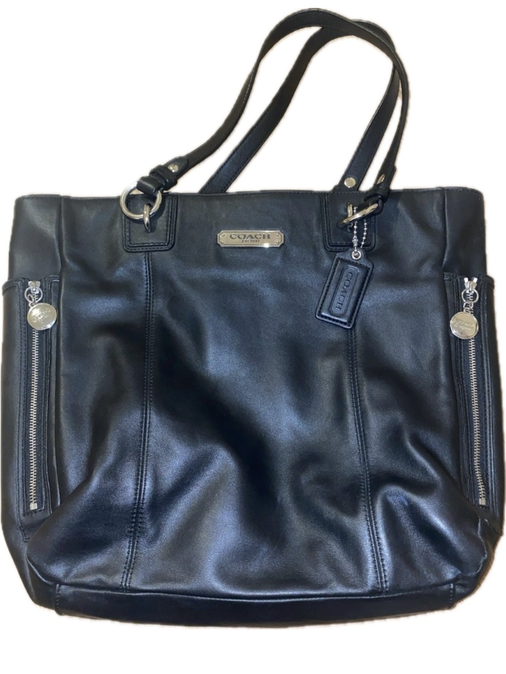 Coach Black Leather Shoulder Tote with Zip Accents